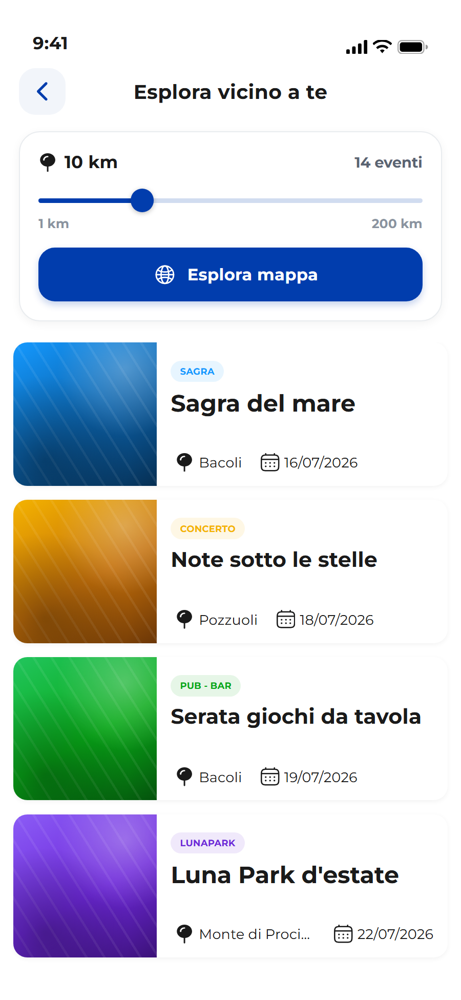 Schermata dell'app Experience con gli eventi vicino a te