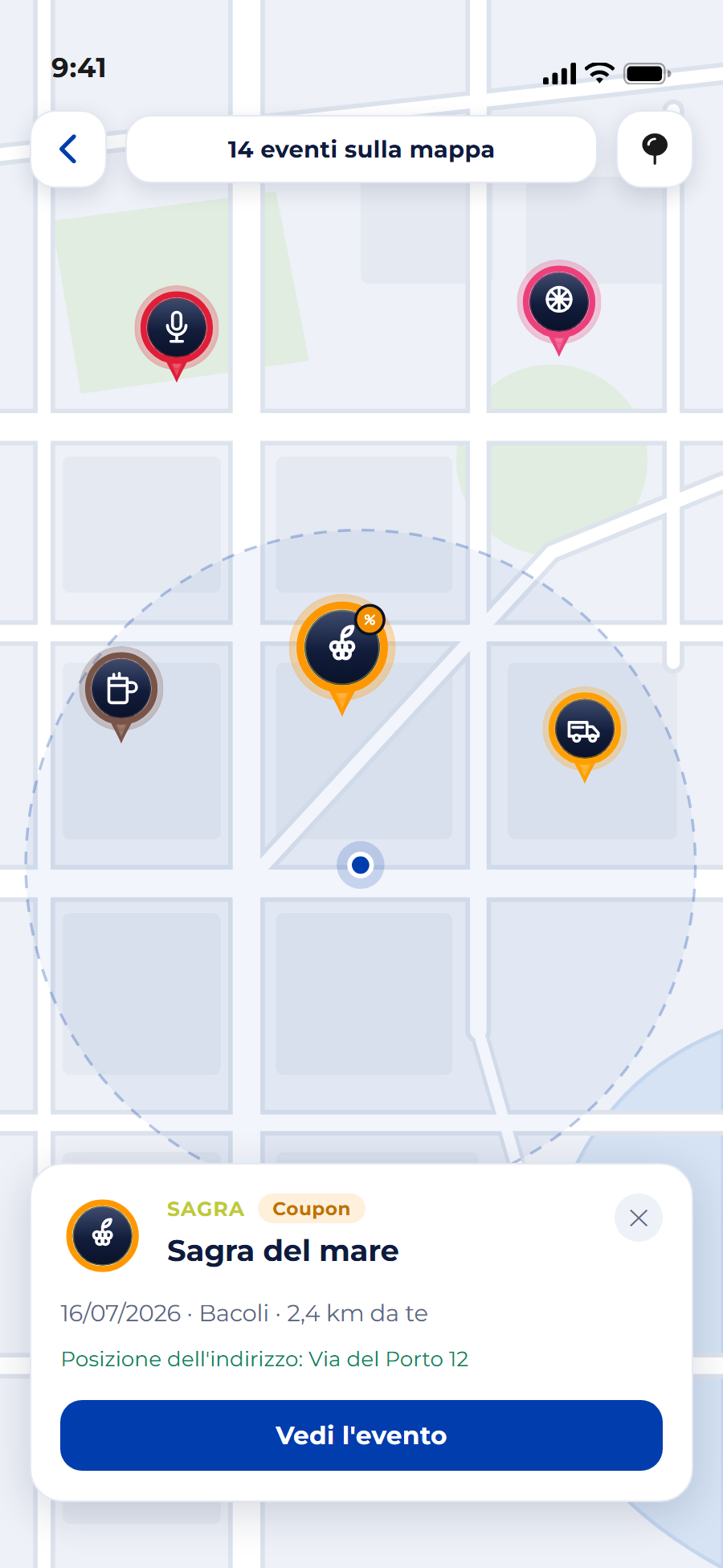 Schermata dell'app Experience con mappa e geolocalizzazione degli eventi