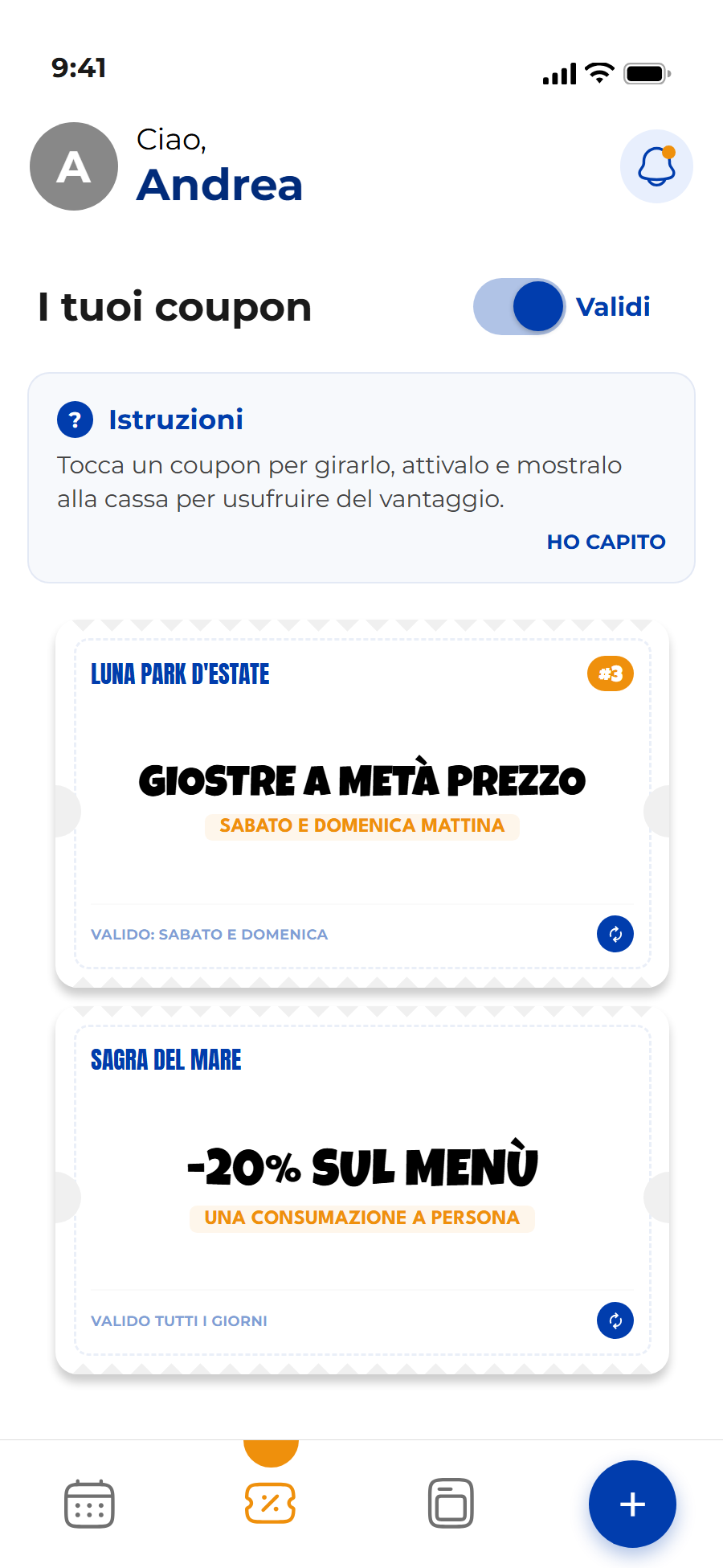 Schermata dell'app Experience con coupon e promozioni digitali