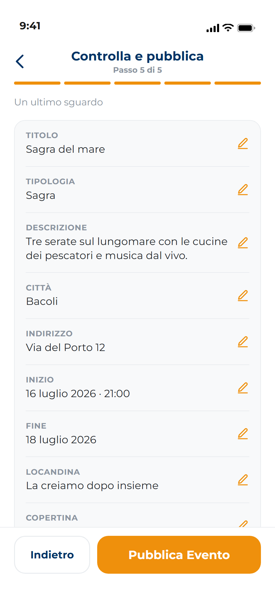 Schermata dell'app Experience per la creazione di un evento business